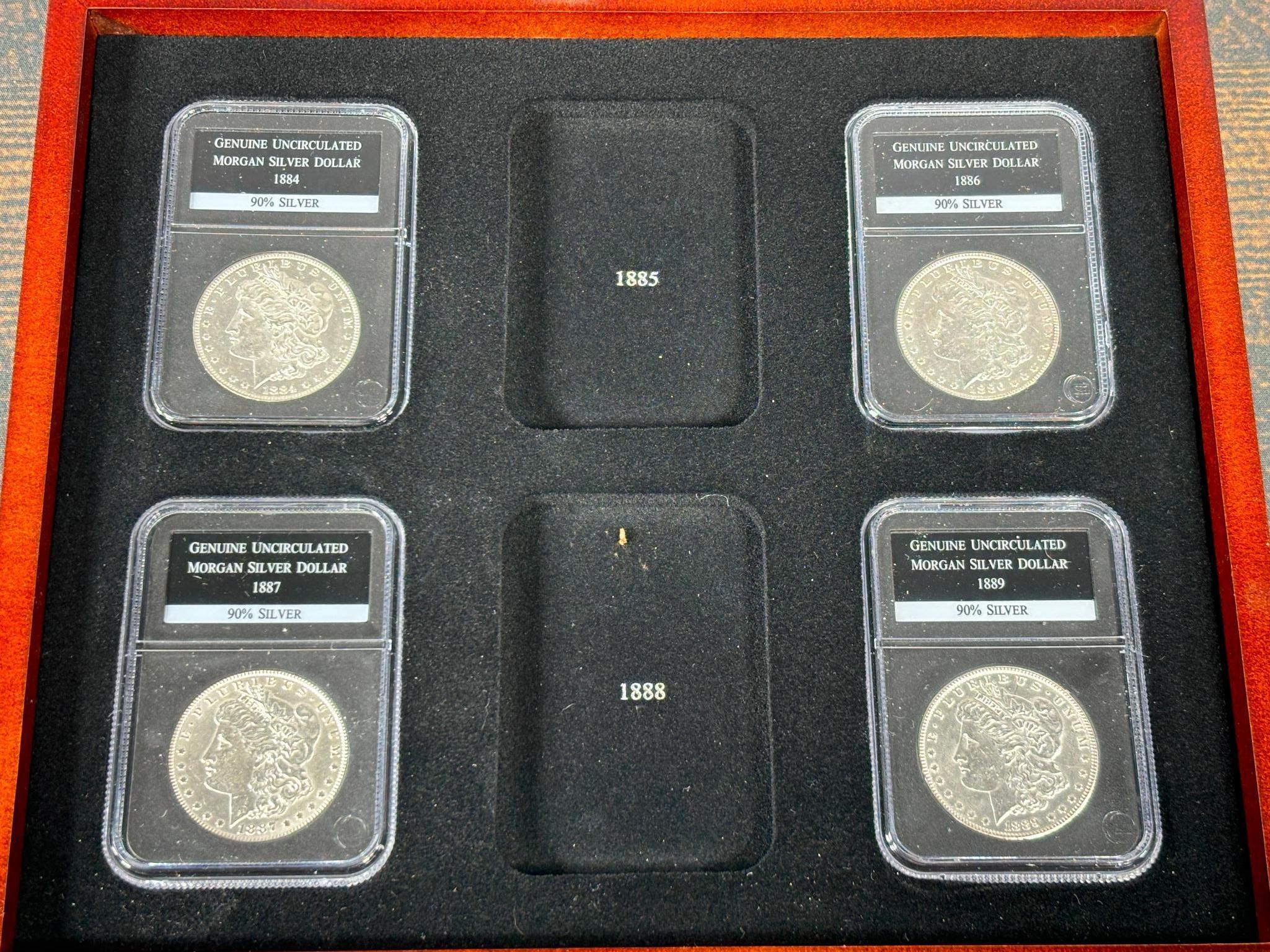 Group Lot of 8 Morgan Silver Dollar Coins in Case