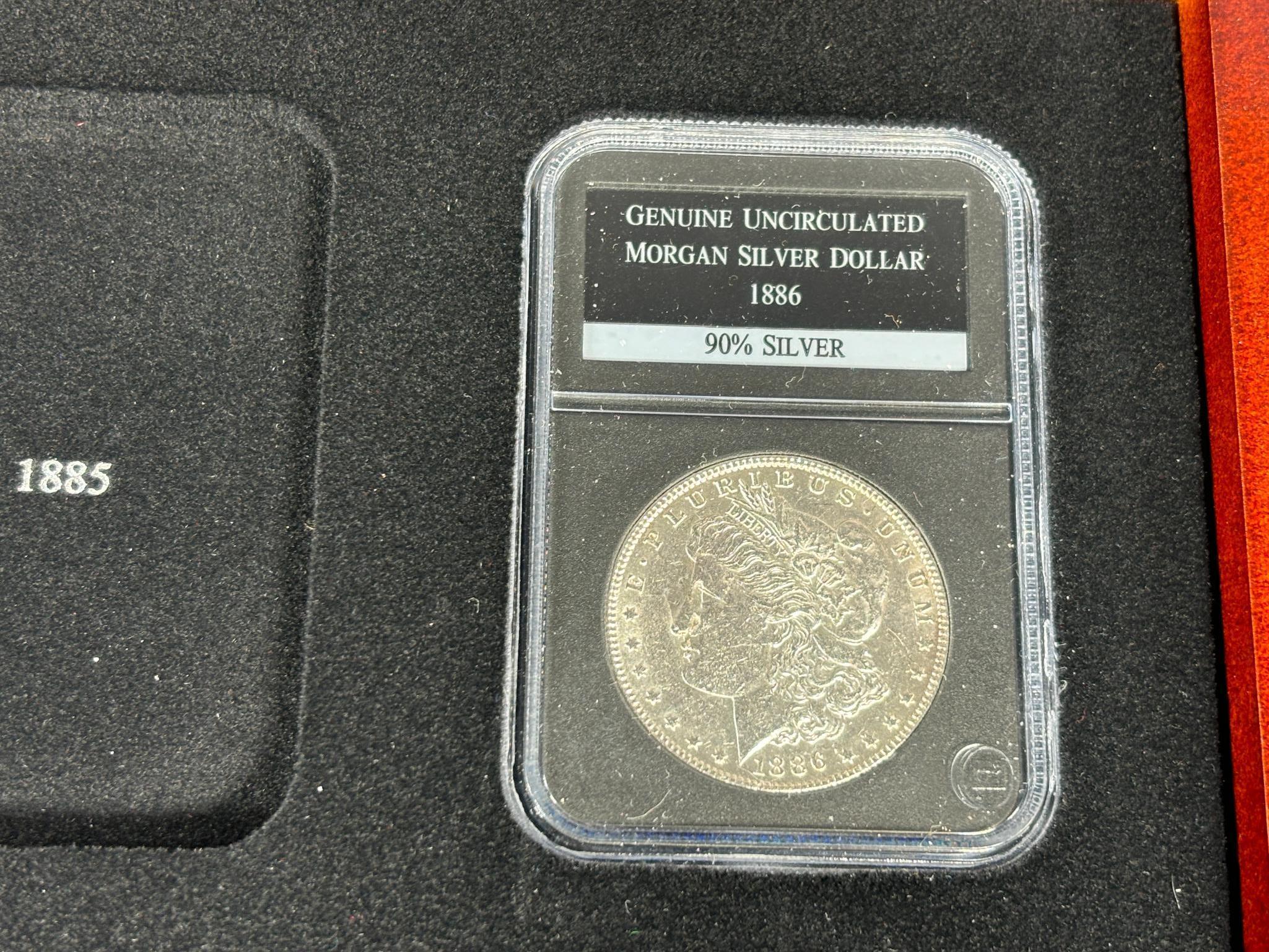 Group Lot of 8 Morgan Silver Dollar Coins in Case