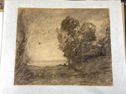 Countryside with Bird, Charcoal, Camille Jean-Baptiste Corot (1796-1875)