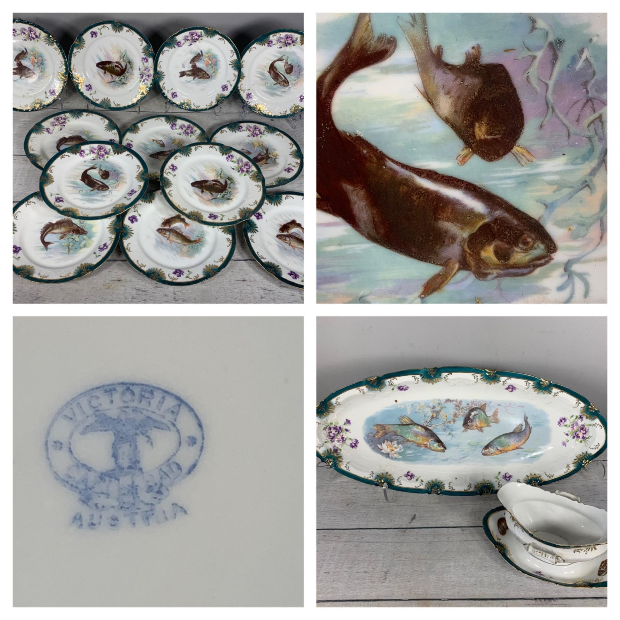 Large Group Victoria Austria Fish Pattern Plates, Tray