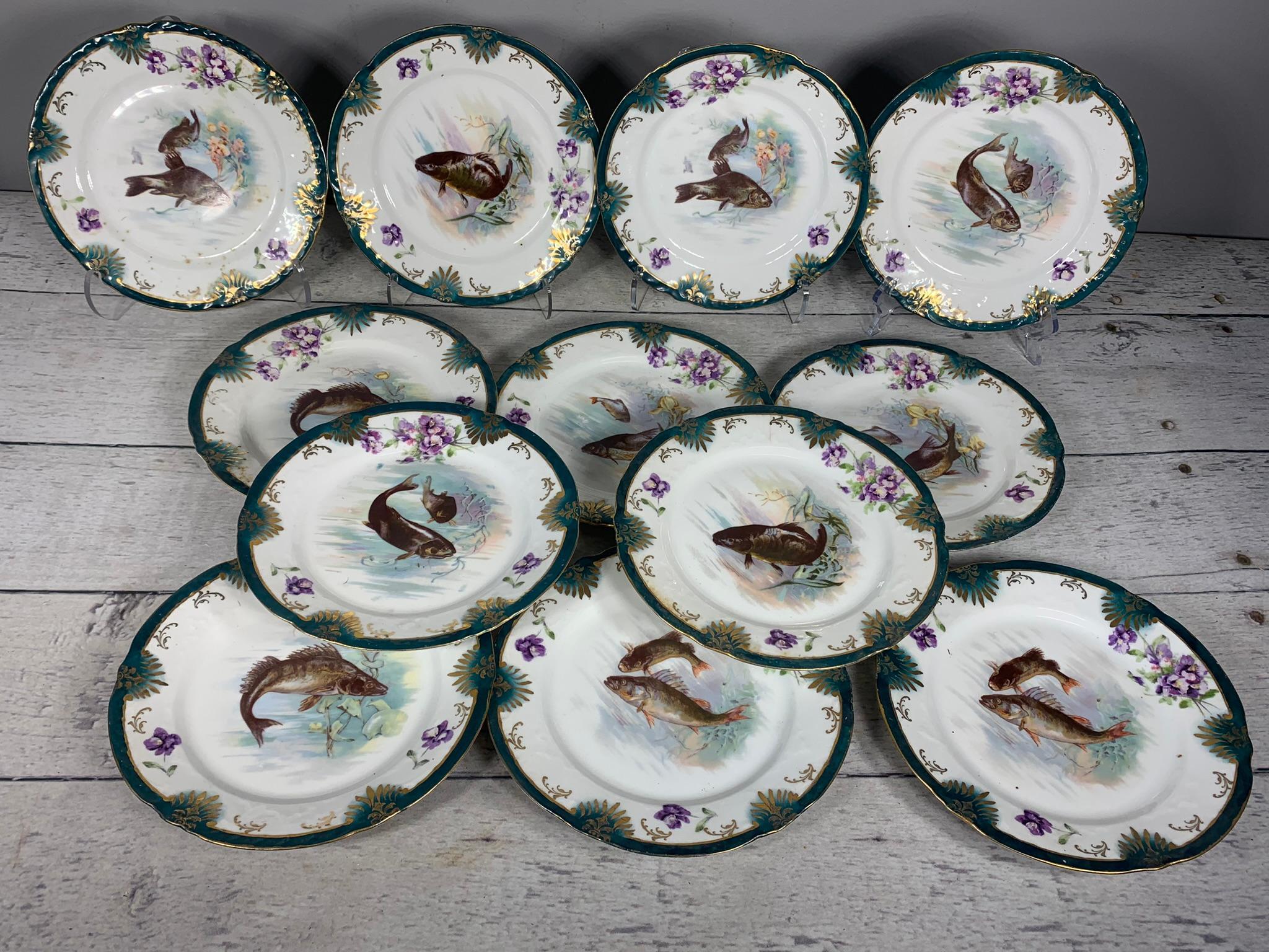 Large Group Victoria Austria Fish Pattern Plates, Tray