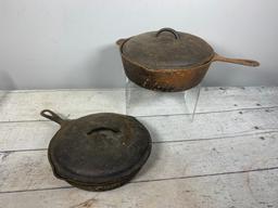 A Wagner Ware Cast Iron Skillet and a Cast Iron Chicken Fryer with Lid