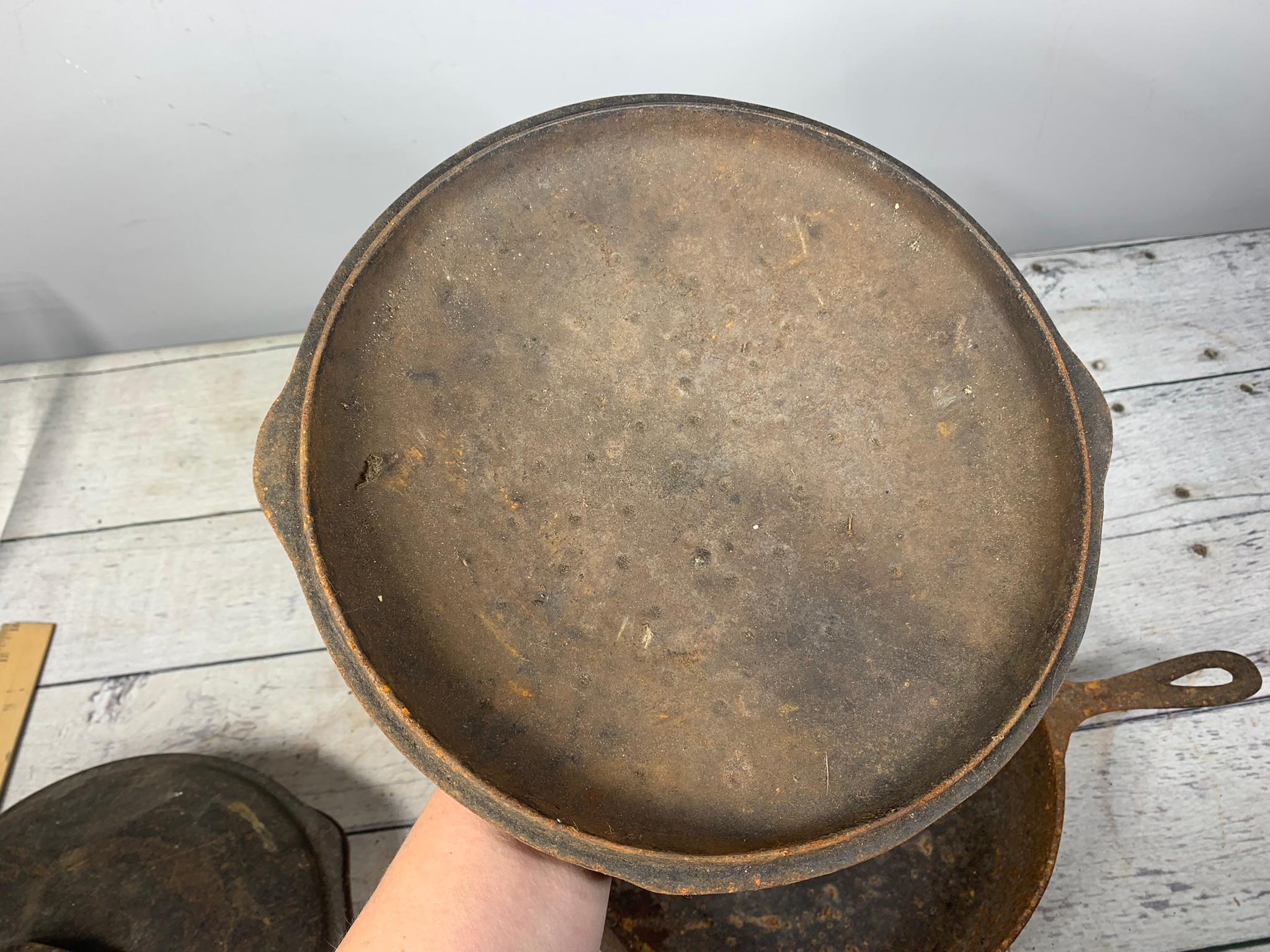 A Wagner Ware Cast Iron Skillet and a Cast Iron Chicken Fryer with Lid