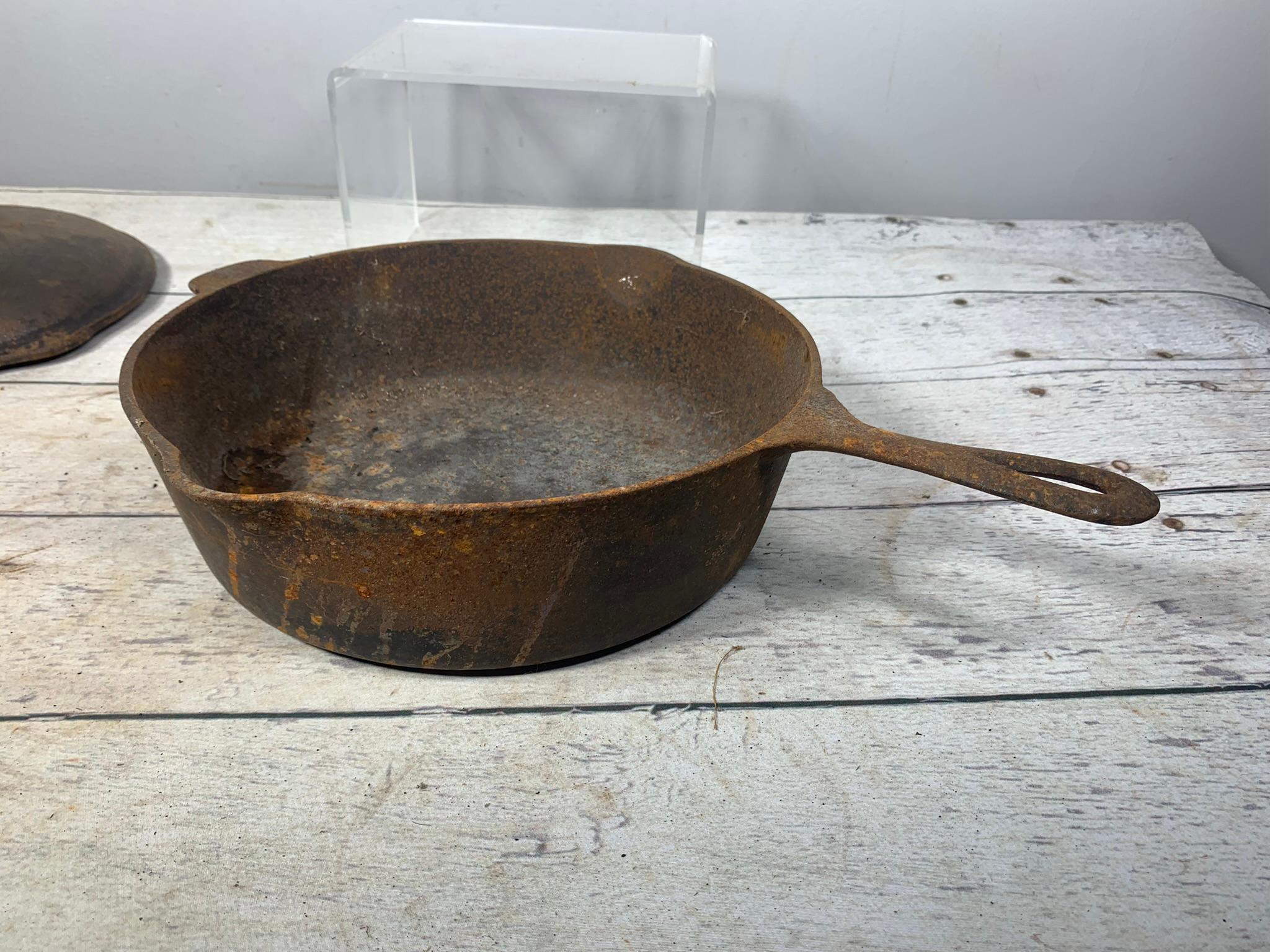 A Wagner Ware Cast Iron Skillet and a Cast Iron Chicken Fryer with Lid