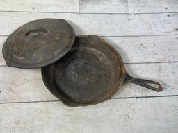 A Wagner Ware Cast Iron Skillet and a Cast Iron Chicken Fryer with Lid