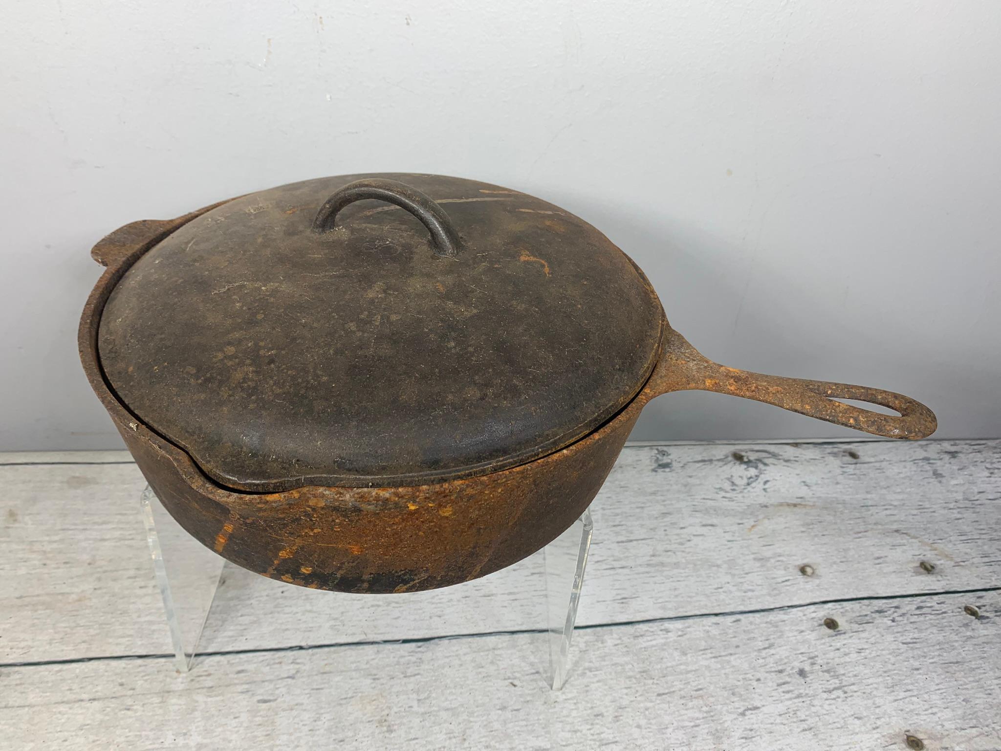 A Wagner Ware Cast Iron Skillet and a Cast Iron Chicken Fryer with Lid