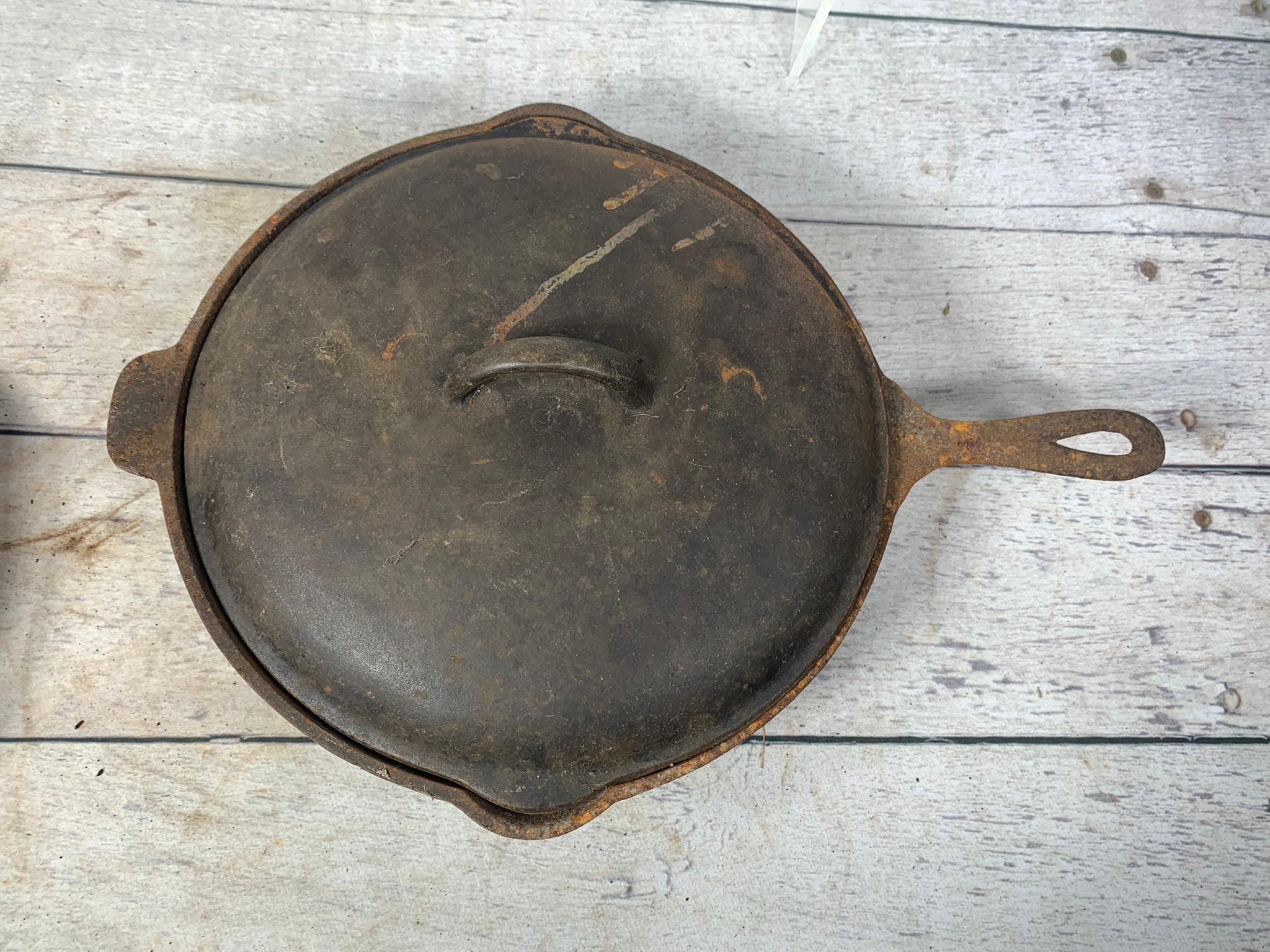 A Wagner Ware Cast Iron Skillet and a Cast Iron Chicken Fryer with Lid