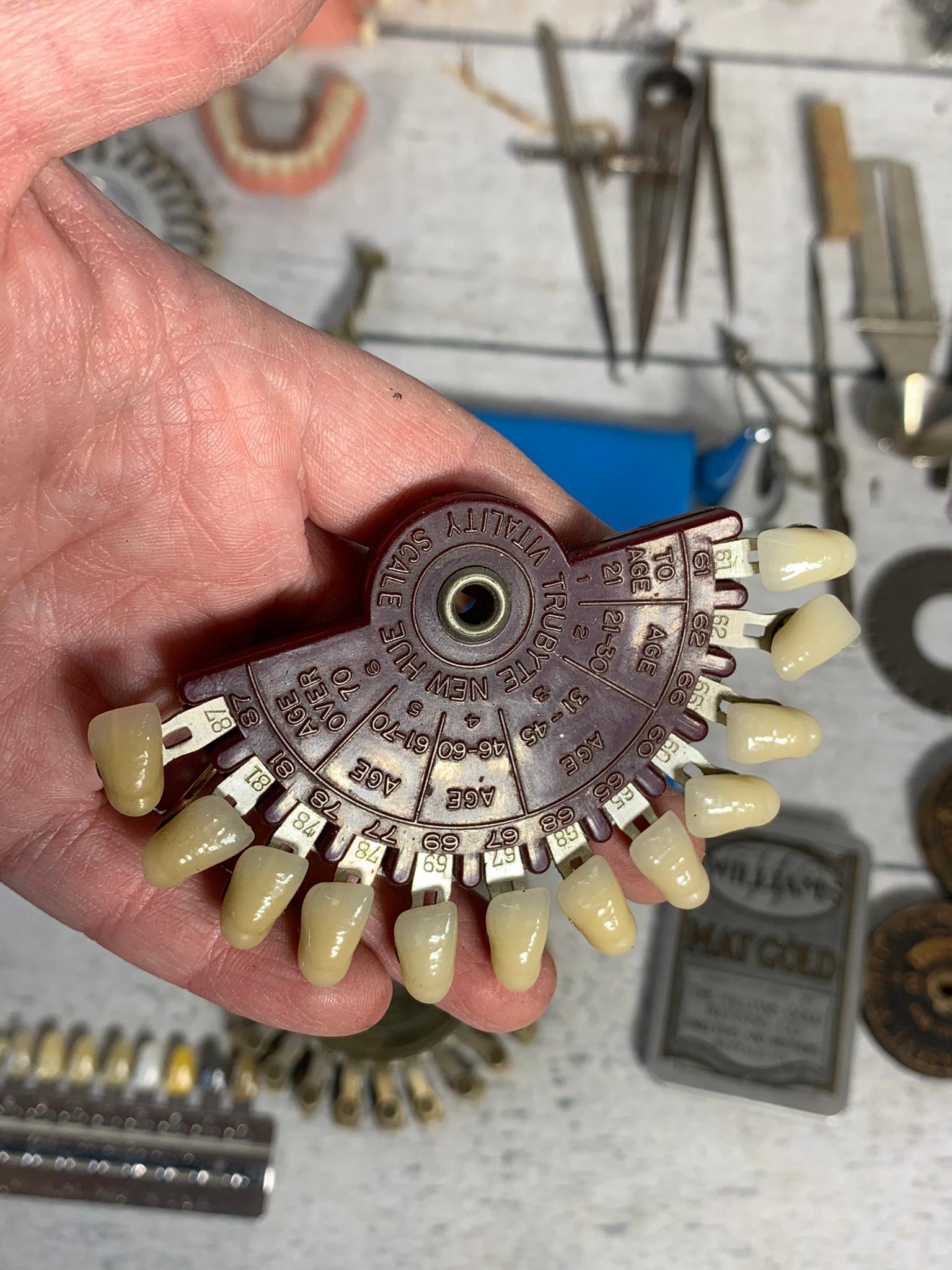 Group of Antique Dental Tools, Color Guides, Dentures and More