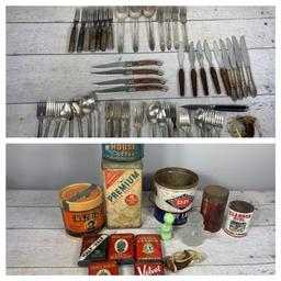 Group of Antique Flatware and Group of Antique Tins