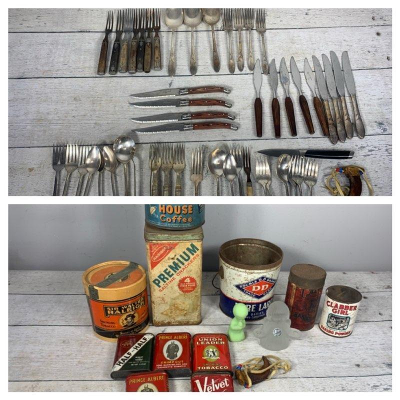 Group of Antique Flatware and Group of Antique Tins