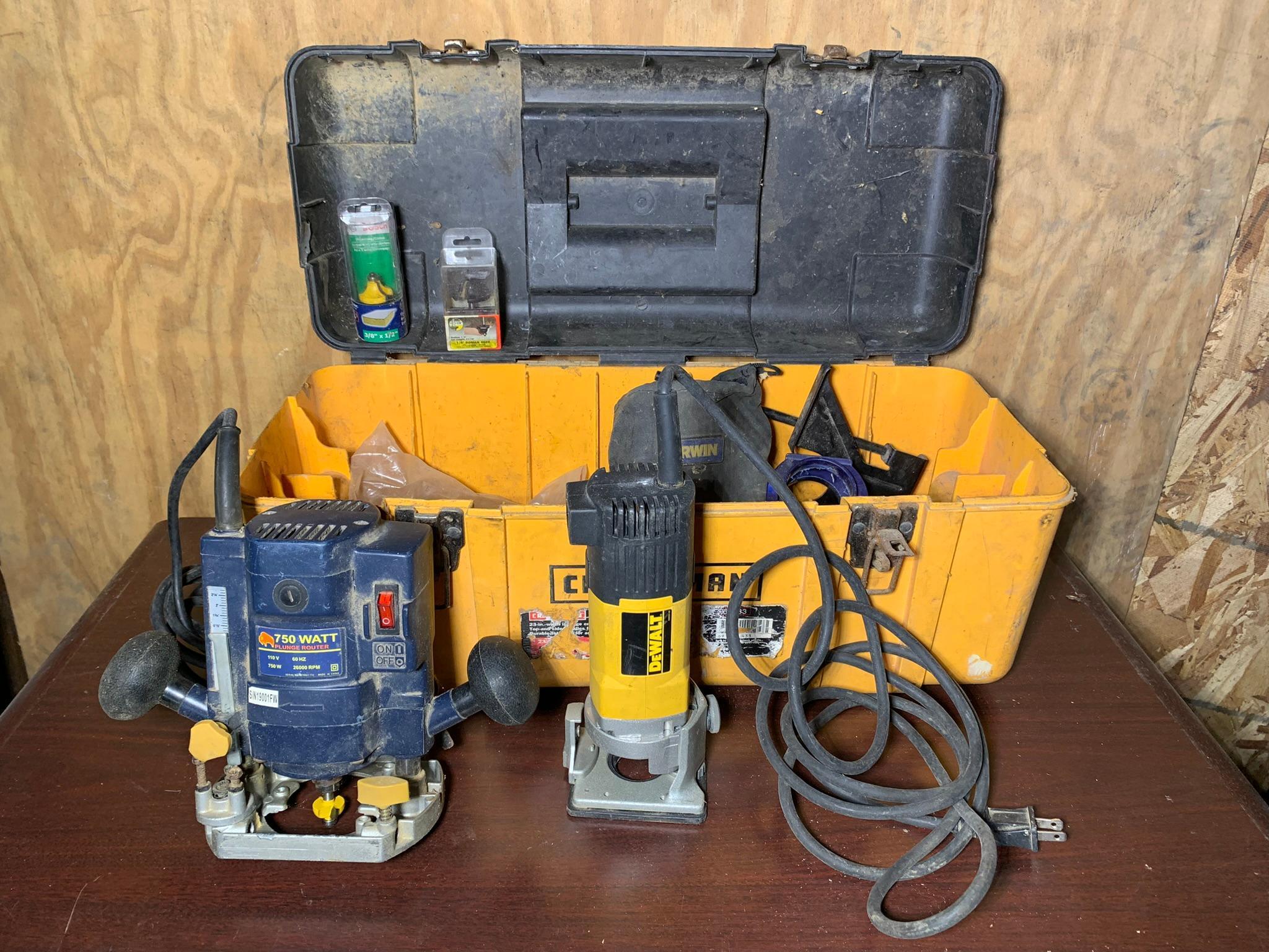 Craftsman Toolbox with 750 Watt Plunge Router and DeWalt Model DW670 Trim Router and more.