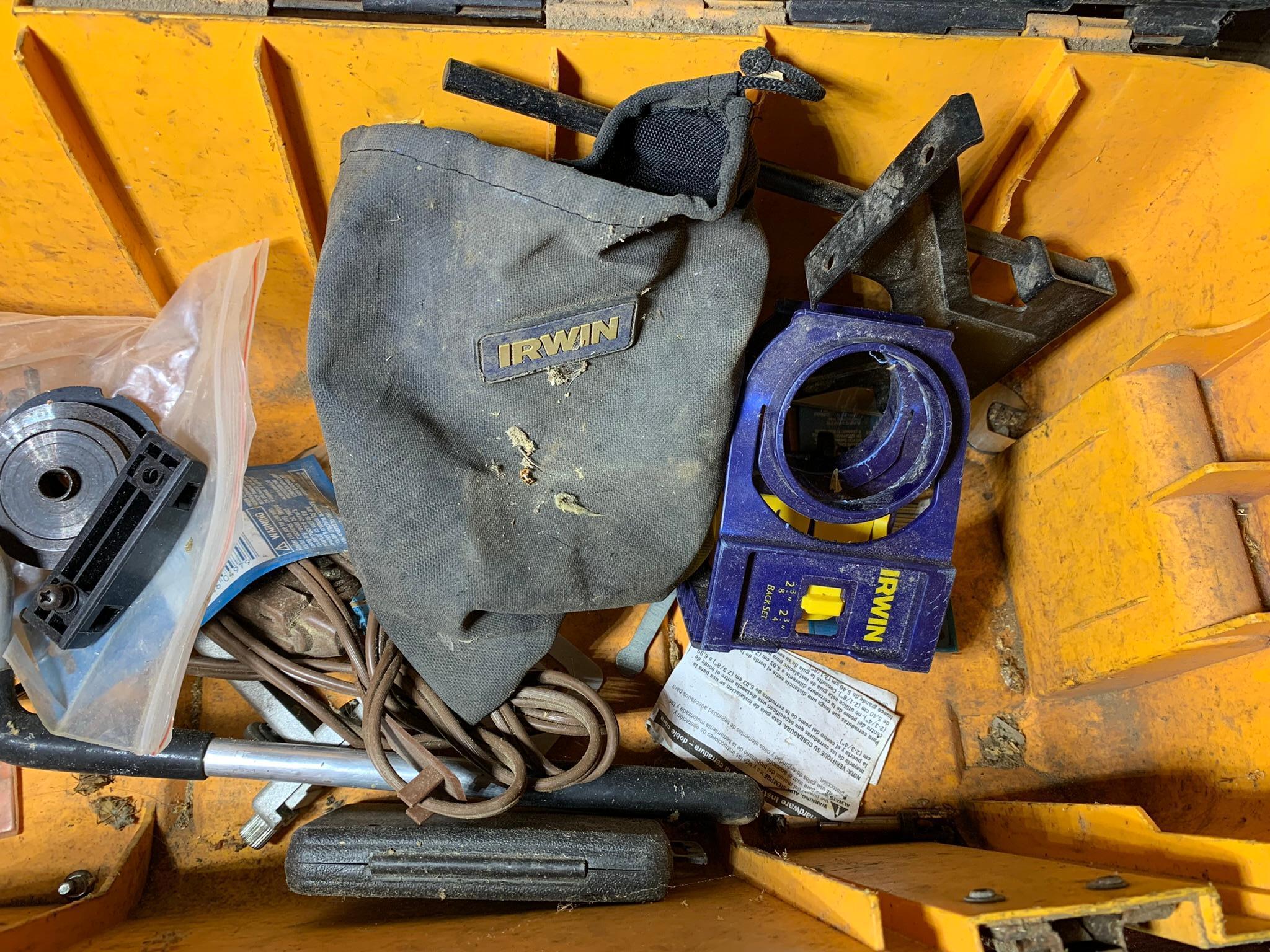Craftsman Toolbox with 750 Watt Plunge Router and DeWalt Model DW670 Trim Router and more.