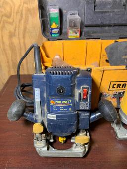 Craftsman Toolbox with 750 Watt Plunge Router and DeWalt Model DW670 Trim Router and more.