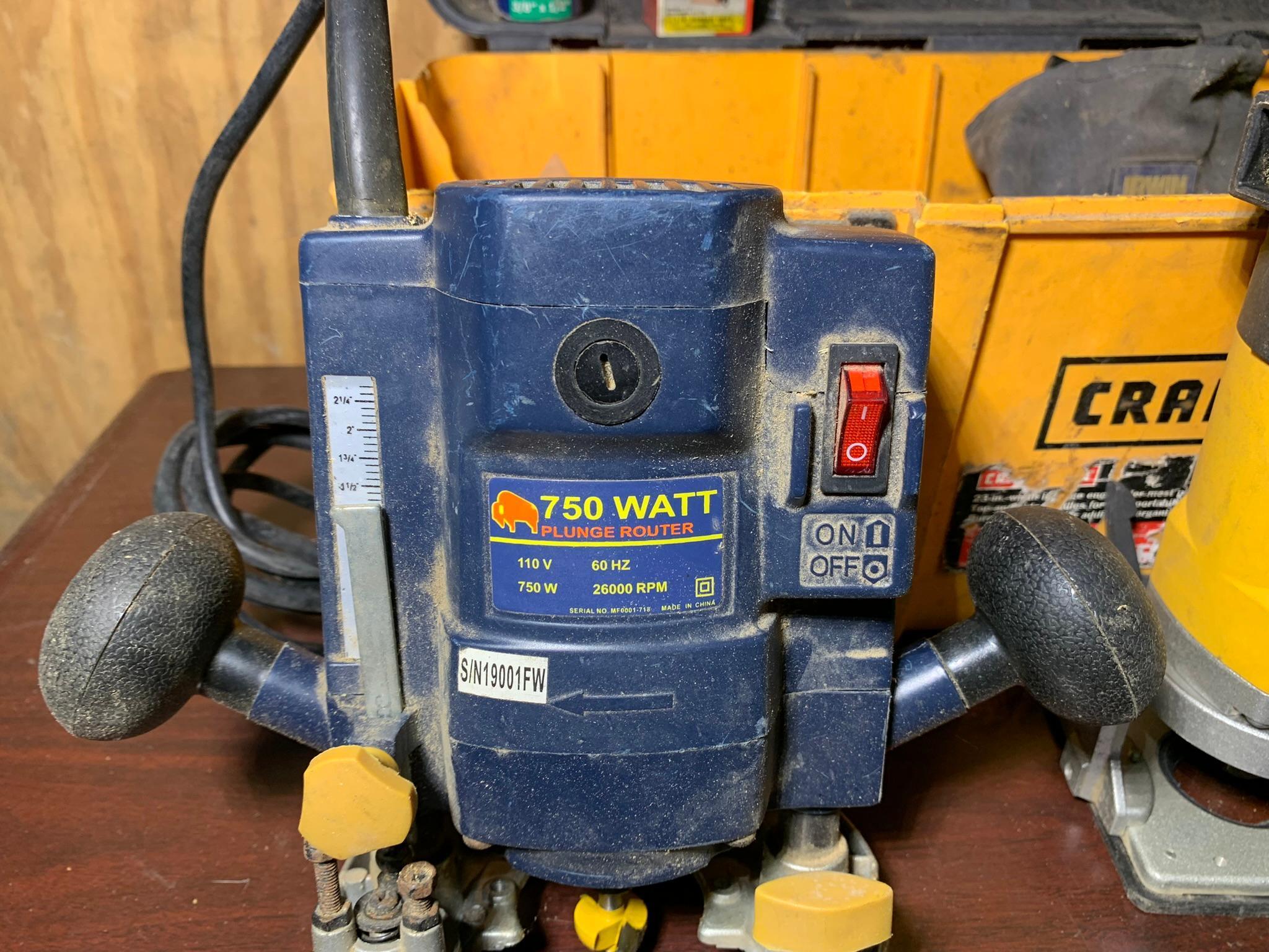 Craftsman Toolbox with 750 Watt Plunge Router and DeWalt Model DW670 Trim Router and more.