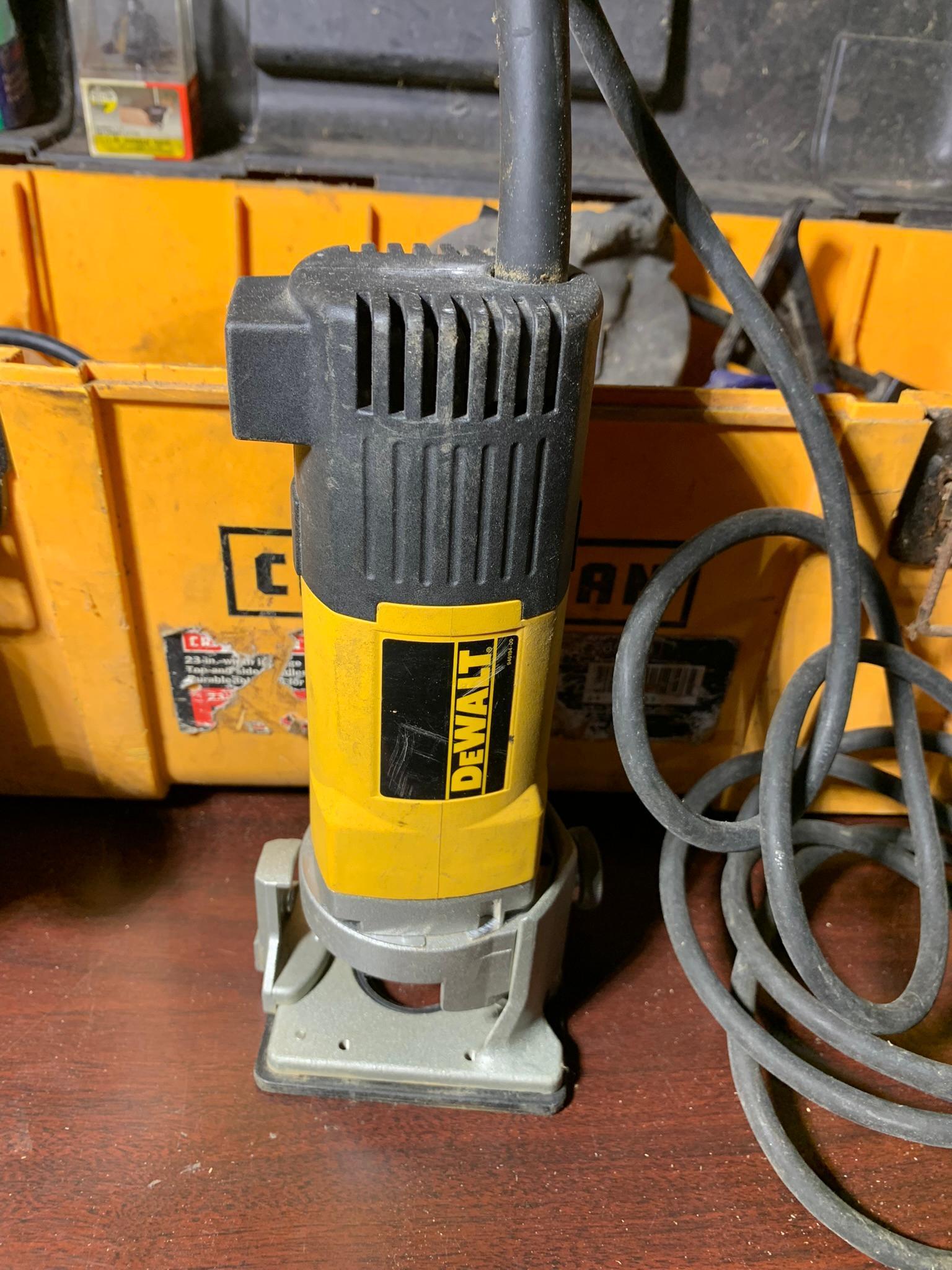 Craftsman Toolbox with 750 Watt Plunge Router and DeWalt Model DW670 Trim Router and more.
