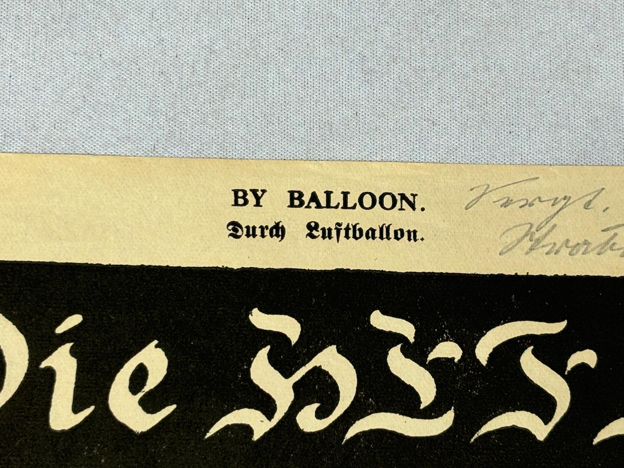 WWI British Propaganda Leaflet Dropped by Balloon on German Troops