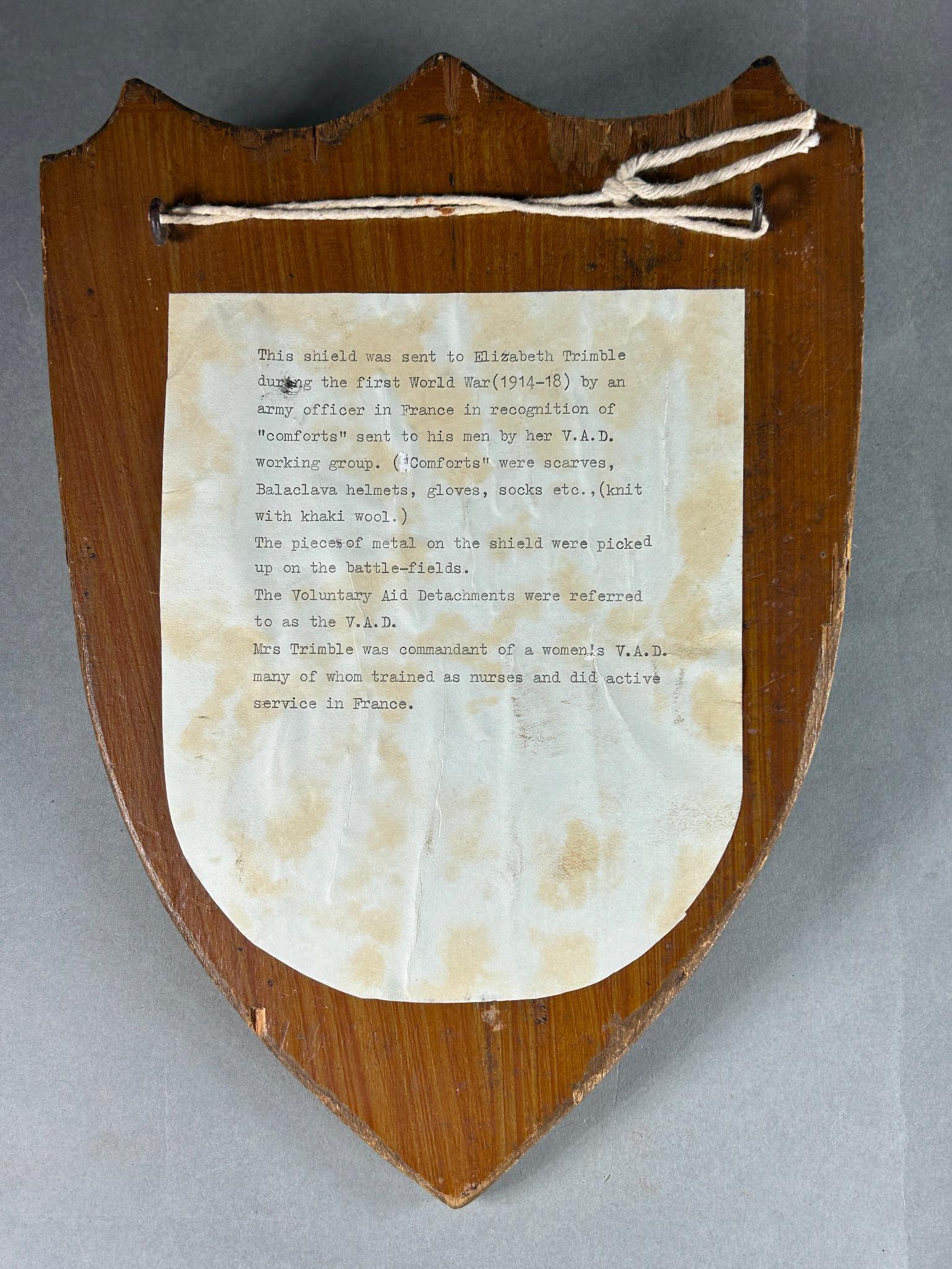 WWI Relic Plaque Sent From France to a V.A.D. Commandant in England 1916