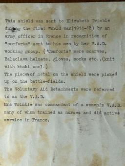 WWI Relic Plaque Sent From France to a V.A.D. Commandant in England 1916