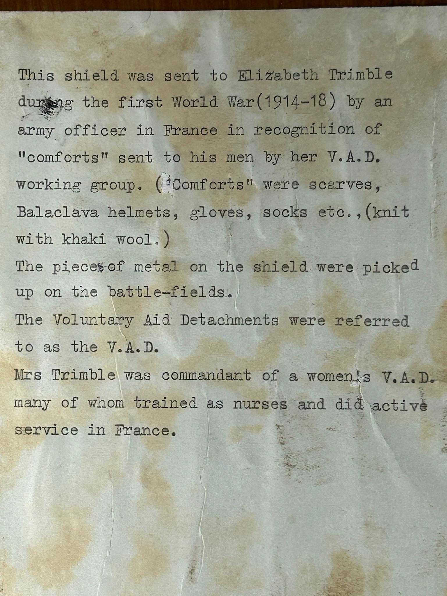 WWI Relic Plaque Sent From France to a V.A.D. Commandant in England 1916