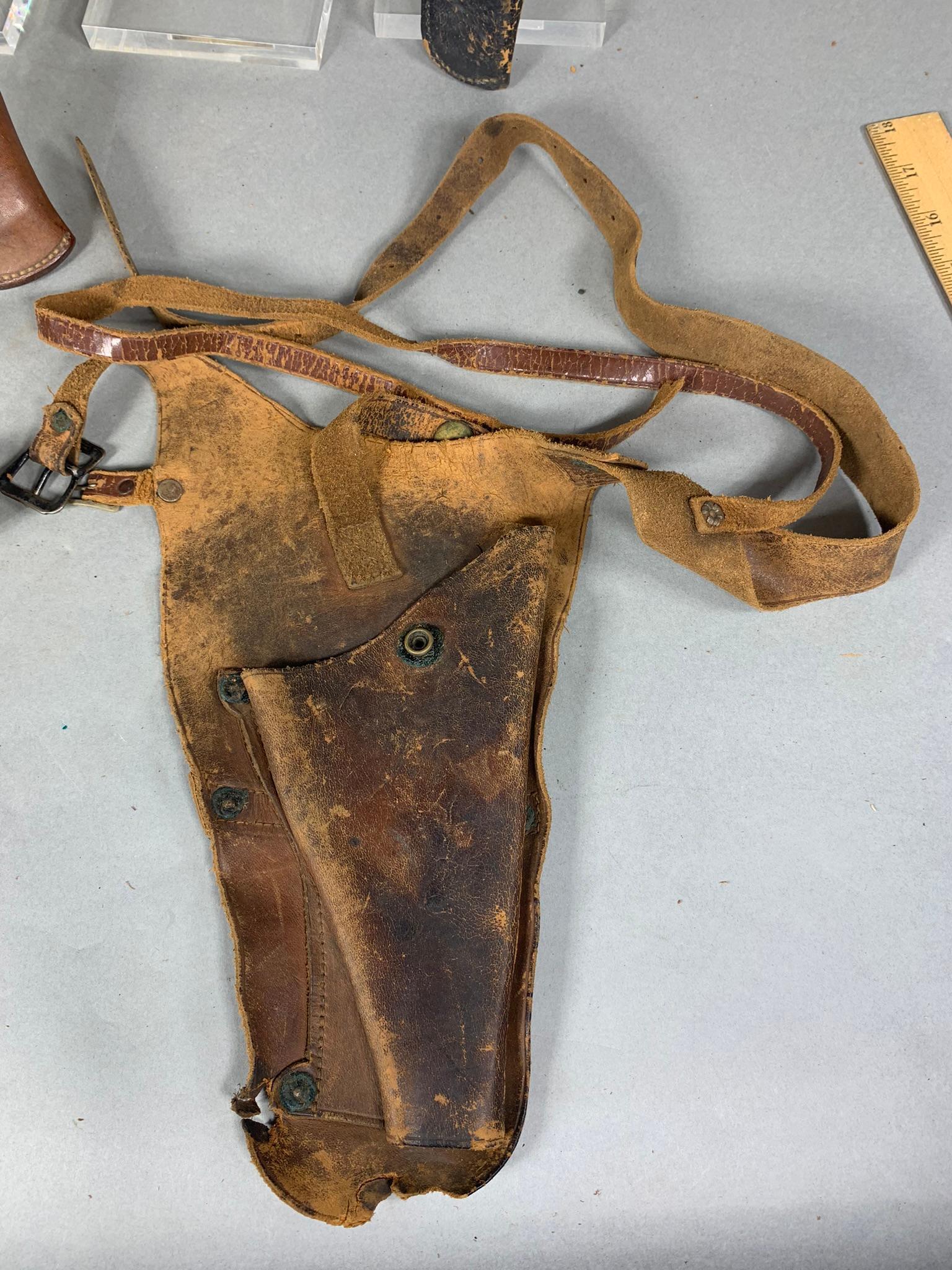 Group Lot Early Western Holsters Tooled Leather Some Signed