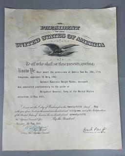 Korean War Colonel Laurence K. Ladue Posthumous Certificate of Promotion to Brigadier General