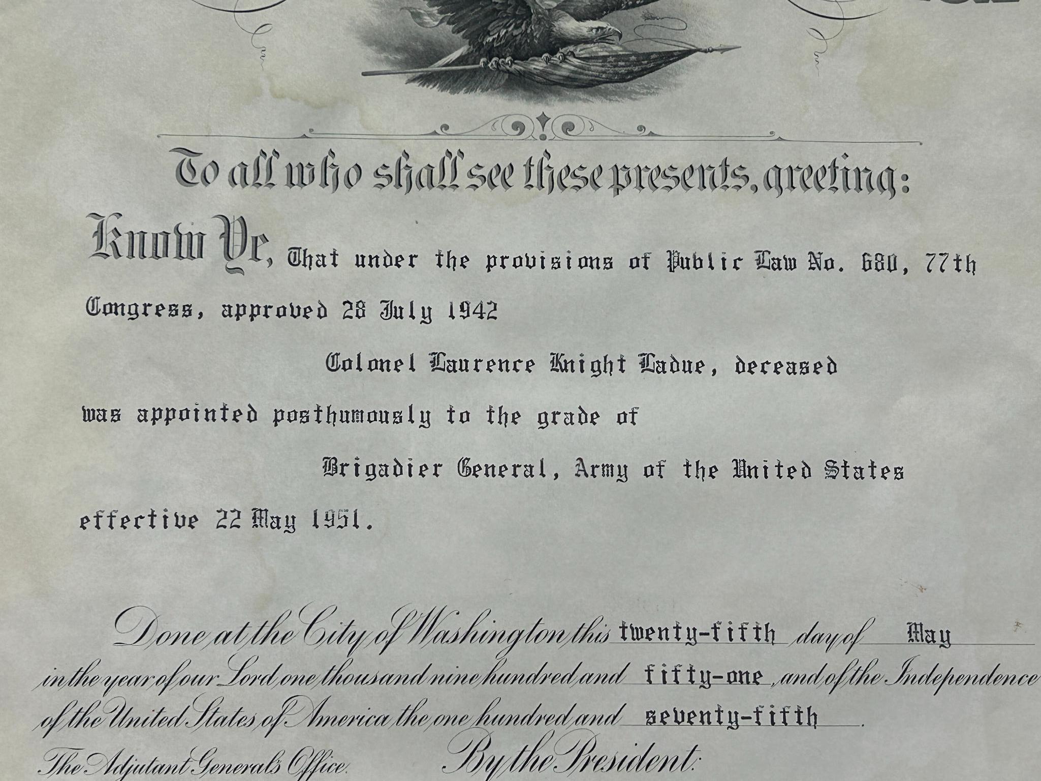 Korean War Colonel Laurence K. Ladue Posthumous Certificate of Promotion to Brigadier General