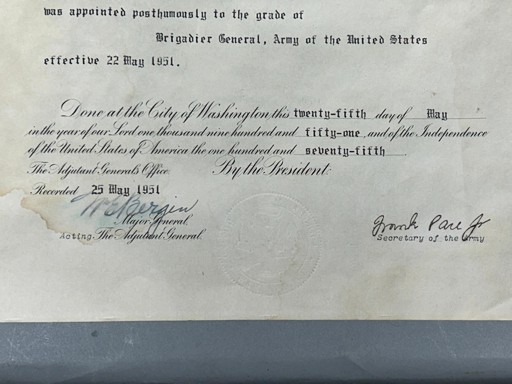 Korean War Colonel Laurence K. Ladue Posthumous Certificate of Promotion to Brigadier General