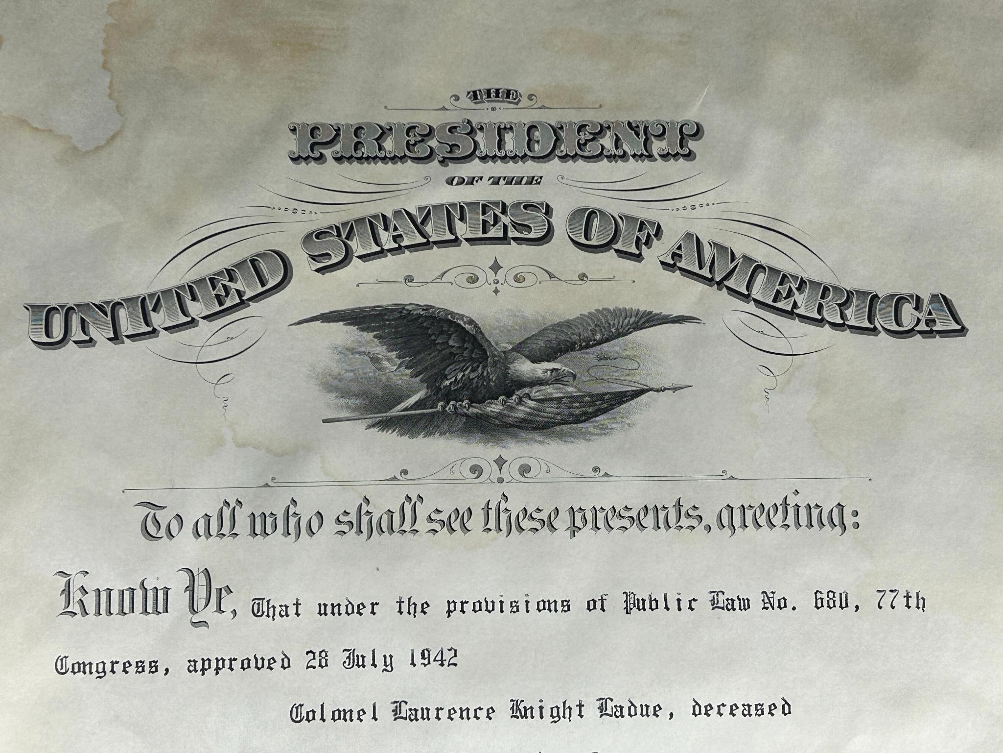 Korean War Colonel Laurence K. Ladue Posthumous Certificate of Promotion to Brigadier General