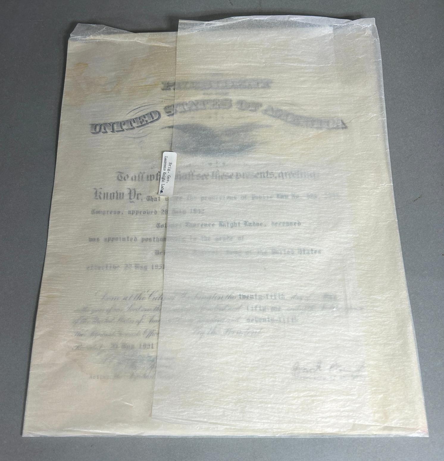 Korean War Colonel Laurence K. Ladue Posthumous Certificate of Promotion to Brigadier General