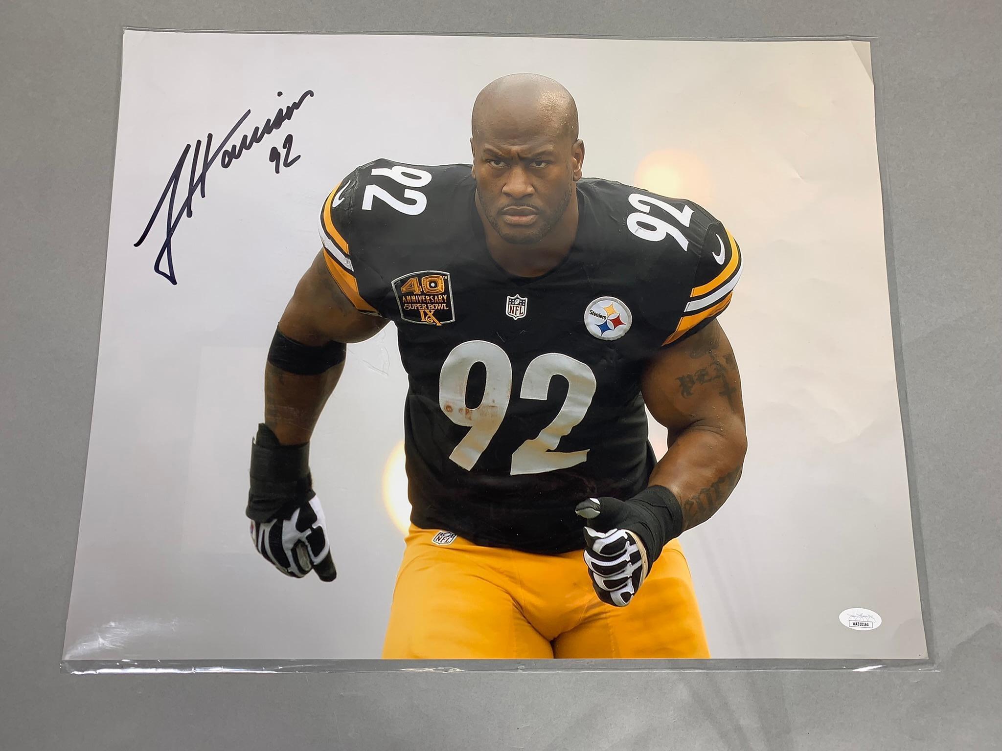 James Harrison, Willis McGahee color signed 16x20s, both JSA