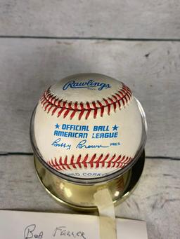 Vintage Bob Feller Autographed Baseball Official Rawlings Ball With Display Stand