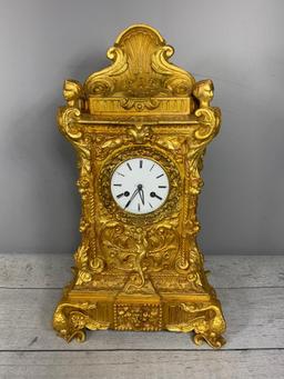 Gilt Cast Iron, Porcelain Face European Clock