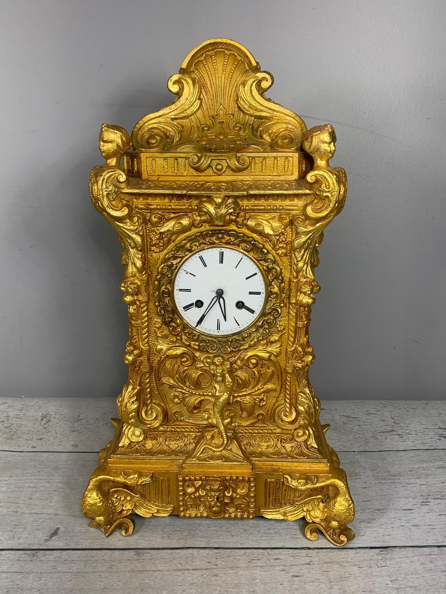 Gilt Cast Iron, Porcelain Face European Clock