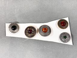 Set of Five antique Metal Buttons with Faceted Glass Insets