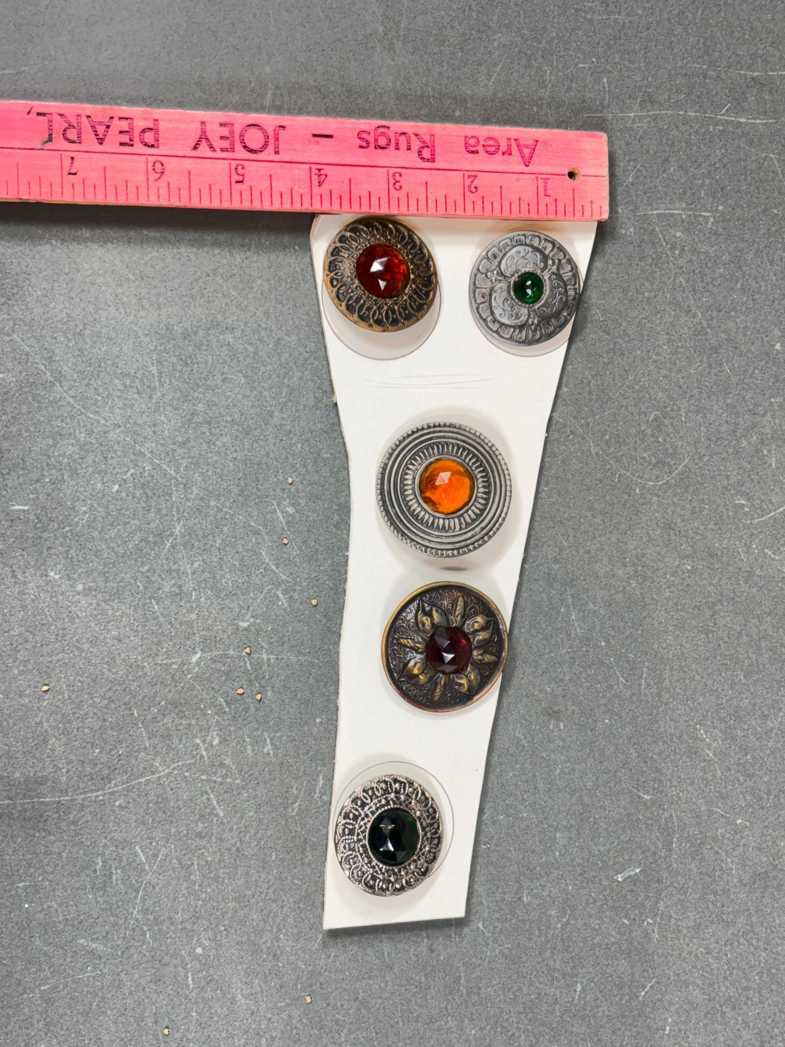 Set of Five antique Metal Buttons with Faceted Glass Insets