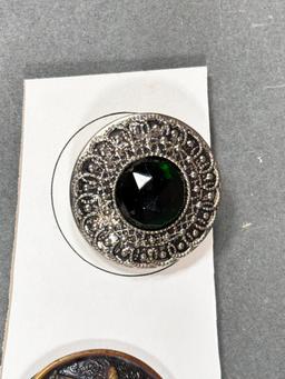 Set of Five antique Metal Buttons with Faceted Glass Insets