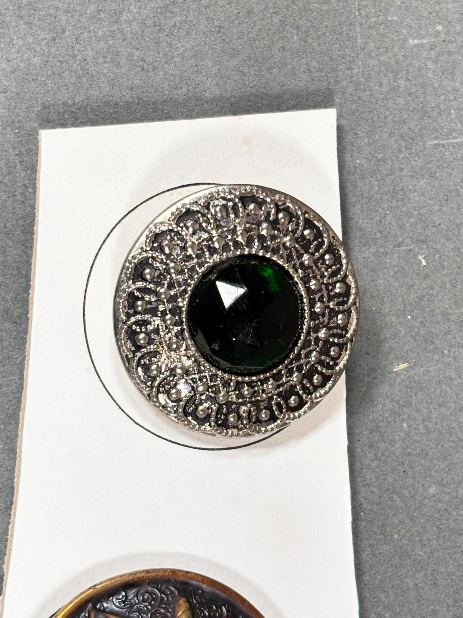 Set of Five antique Metal Buttons with Faceted Glass Insets
