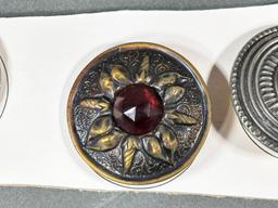 Set of Five antique Metal Buttons with Faceted Glass Insets