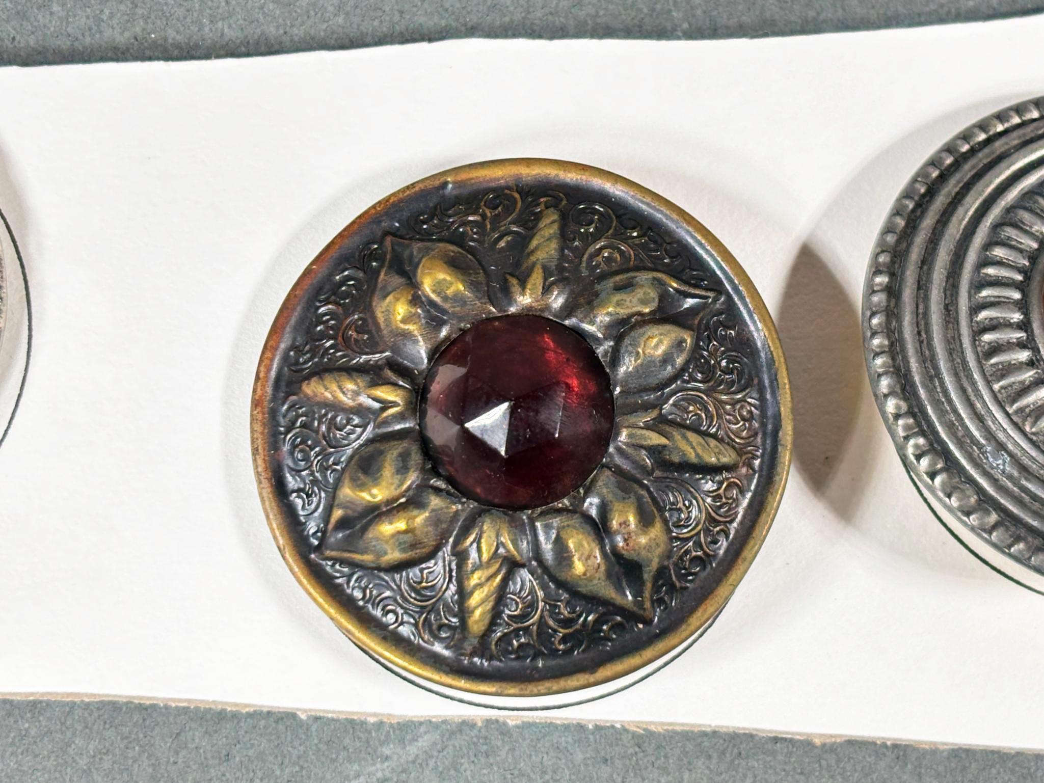 Set of Five antique Metal Buttons with Faceted Glass Insets