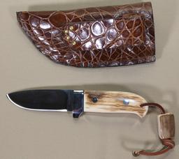 Bardsley custom fixed blade knife approx. 3.25",blade in elephant hide sheath