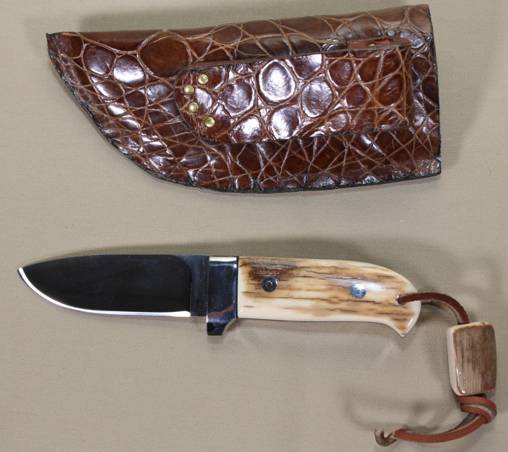 Bardsley custom fixed blade knife approx. 3.25",blade in elephant hide sheath