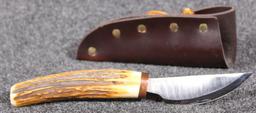 C. Cox 1/94 custom 3.5" approx. fixed blade knife with antler handle in leather sheath