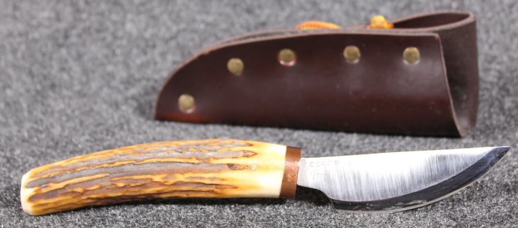 C. Cox 1/94 custom 3.5" approx. fixed blade knife with antler handle in leather sheath