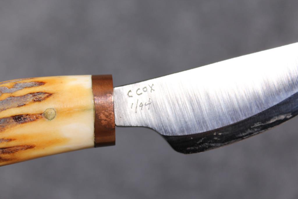 C. Cox 1/94 custom 3.5" approx. fixed blade knife with antler handle in leather sheath