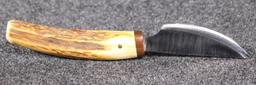 C. Cox 1/94 custom 3.5" approx. fixed blade knife with antler handle in leather sheath