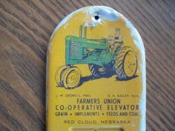 OLD JOHN DEERE THERMOMETER WITH TWO CYLINDER TRACTOR GRAPHIC-FADED OFF NUMBERS