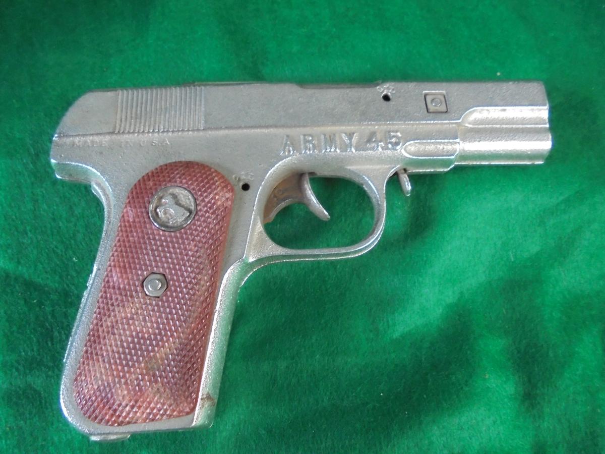 OLD CAST IRON TOY "ARMY 45" CAP GUN-QUITE CLEAN W/ SMALL CRACK