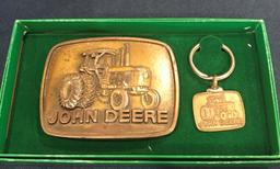 JOHN DEERE BRASS BELT BUCKLE AND KEY CHAIN--40 SERIES TRACTOR