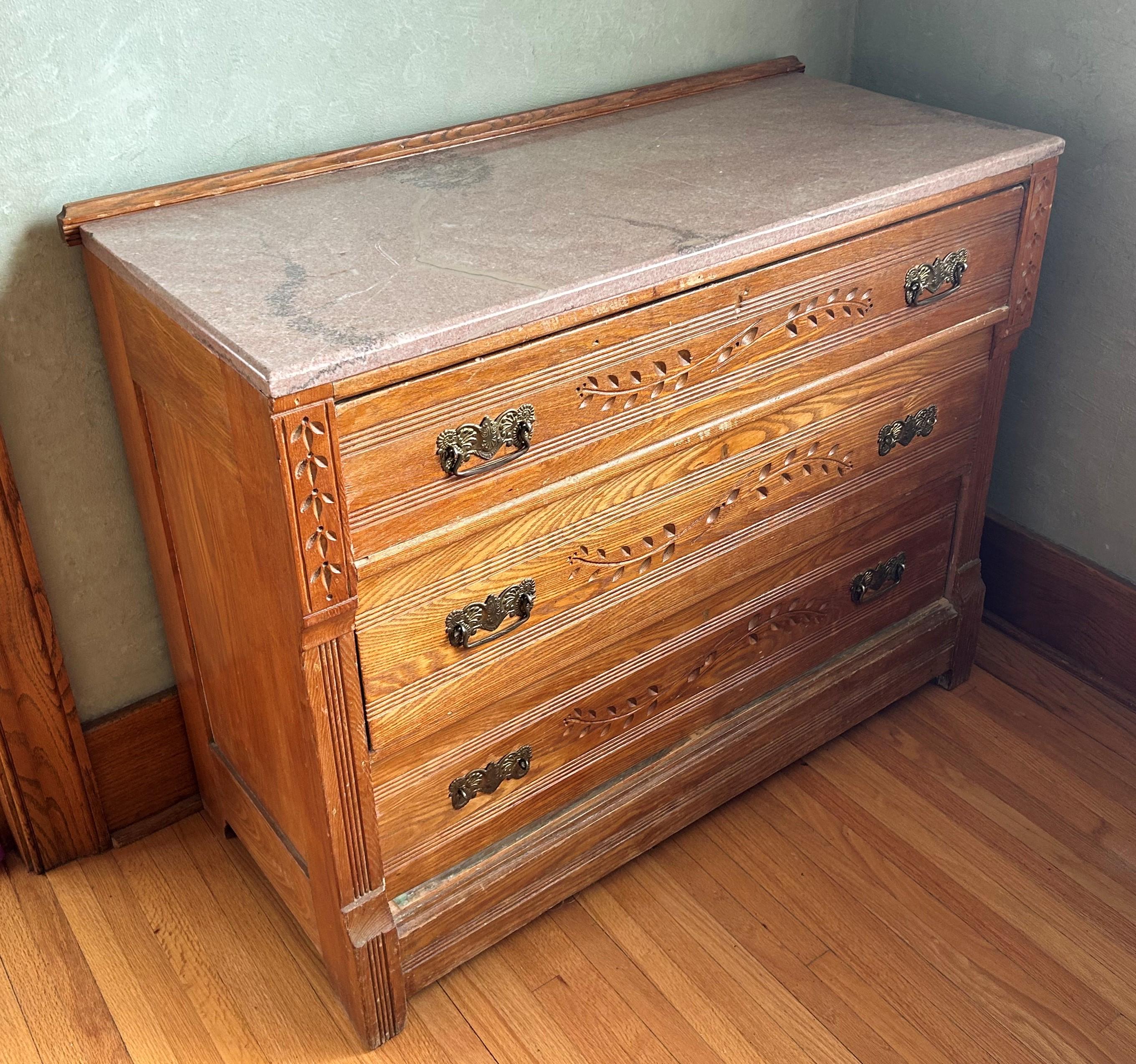 ANTIQUE THREE DRAWER CHEST OF DRAWERS - MARBLE TOP