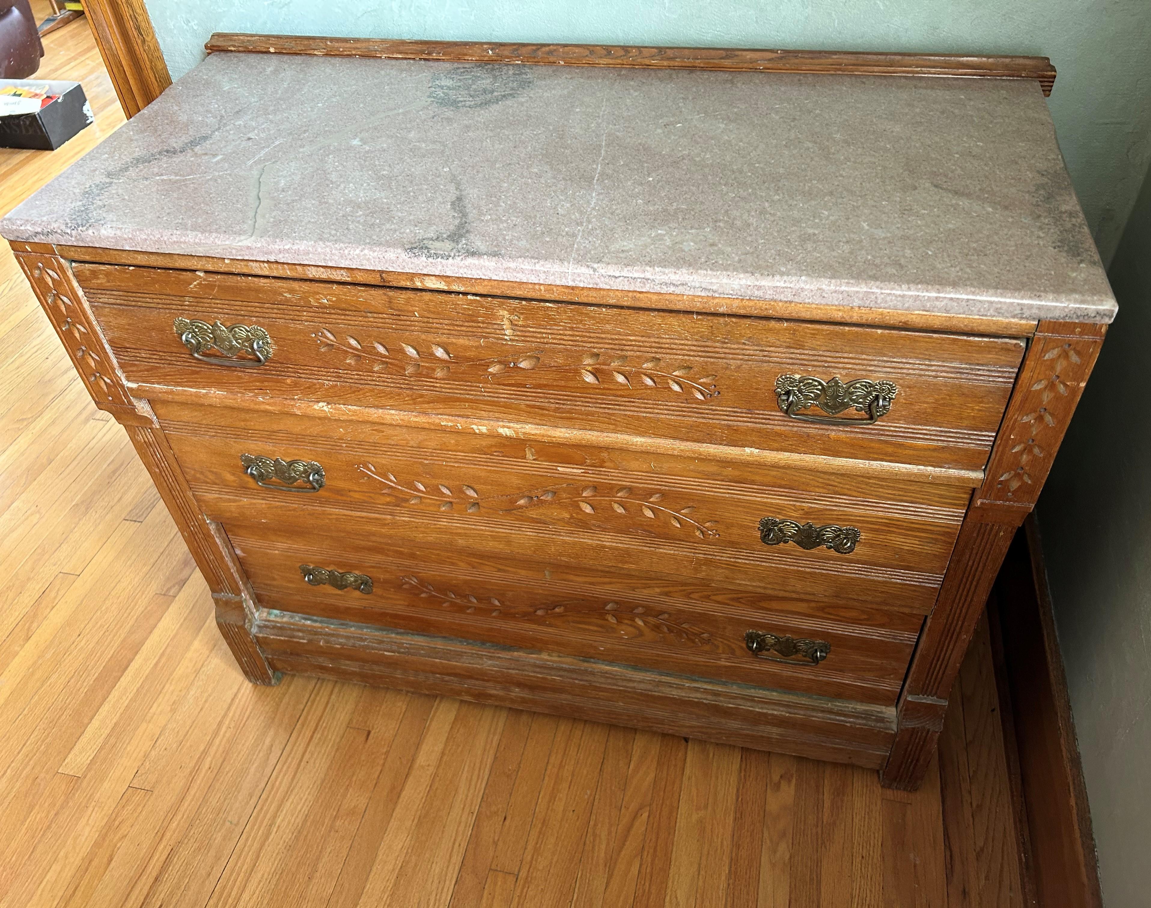 ANTIQUE THREE DRAWER CHEST OF DRAWERS - MARBLE TOP